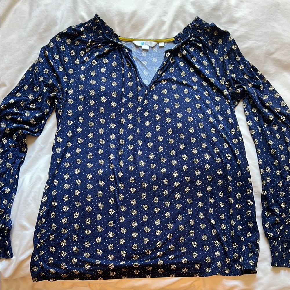 Boden Ruffled Blue and White Blouse with V-Neck